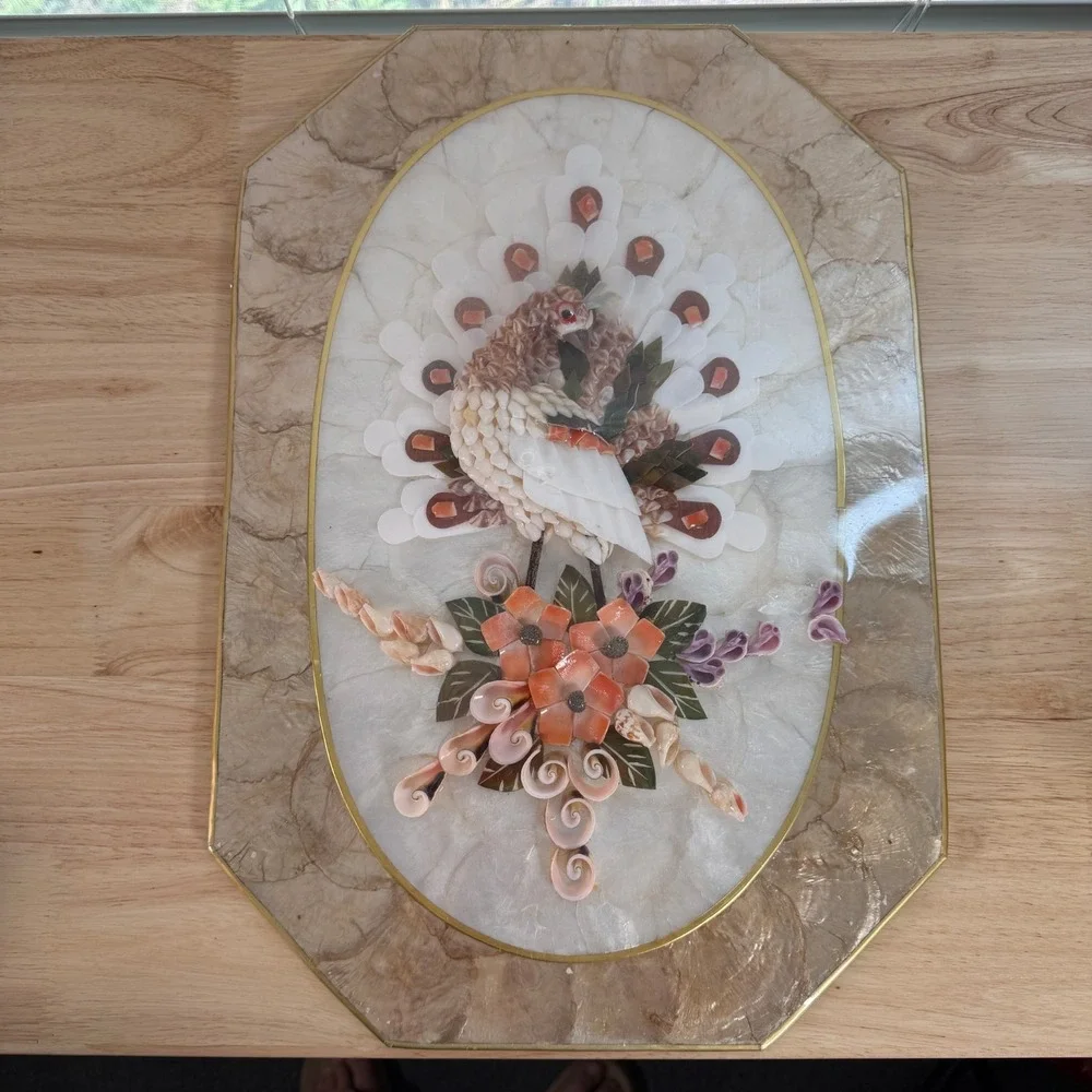 Vintage Mother of Pearl Seashell Mosaic Art Floral Peafowl Classic Wall Plaque